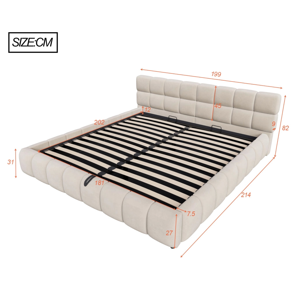 Letto imbottito 180x200 cm in velluto beige con contenitore idraulico e LED