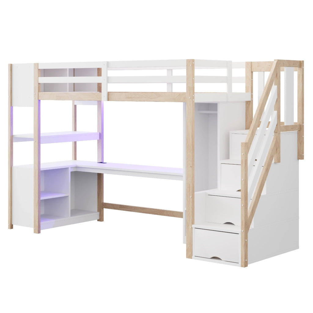 Letto a soppalco 90 × 200 cm con scrivania, armadio, scale contenitore e LED, senza materasso, bianco naturale