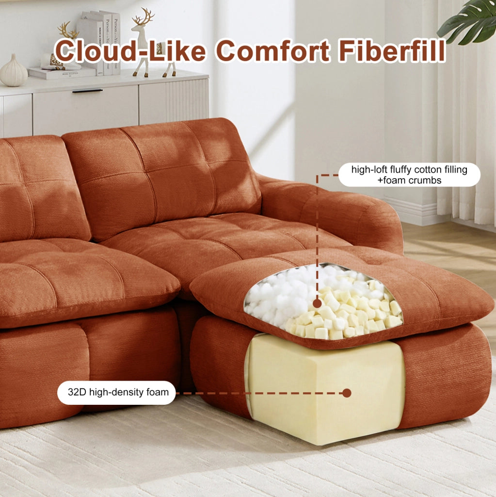 Divano modulare ad angolo a 3 posti in tessuto Chenille arancione con imbottitura in schiuma ad alta densità 32D, incluso pouf, senza montaggio
