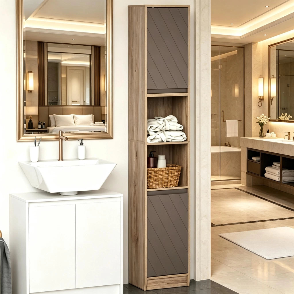 Colonna da bagno con 2 armadietti; 2 vani aperti e ripiani regolabili in MDF grigio effetto rovere 30 × 24 × 170 cm