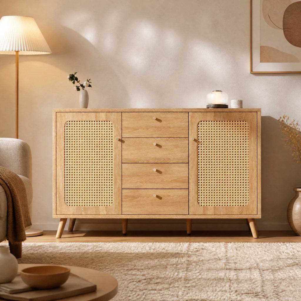 Credenza 140 cm effetto rovere chiaro con 4 cassetti e 2 ante