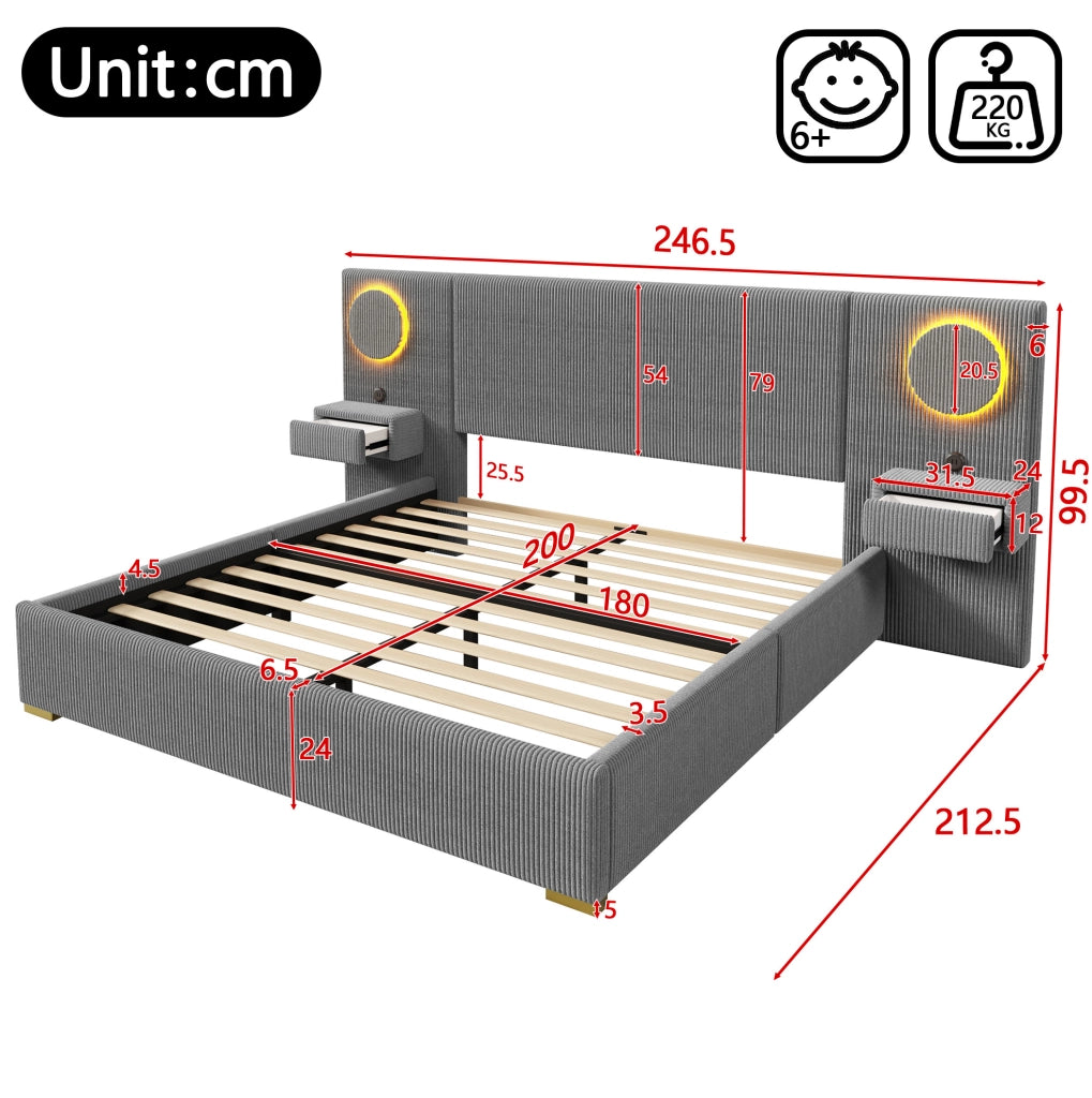 Letto imbottito 180x200 cm in velluto grigio con LED, USB e comodini