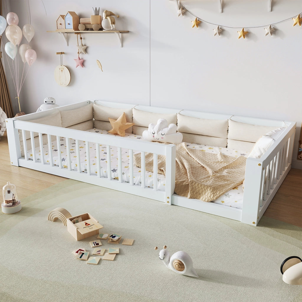Desviae Letto basso 90 × 200 cm 1 posto con sponde di sicurezza e cuscini, senza materasso, legno massello e MDF, bianco