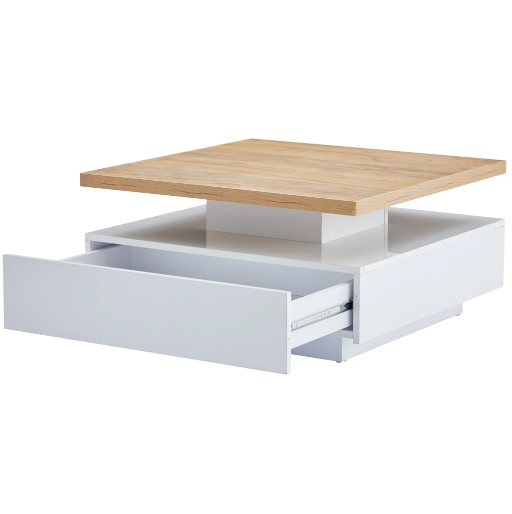 Tavolino multifunzione quadrato con rotazione 360°, struttura in truciolato noce e bianco lucido, 70x70x36 cm