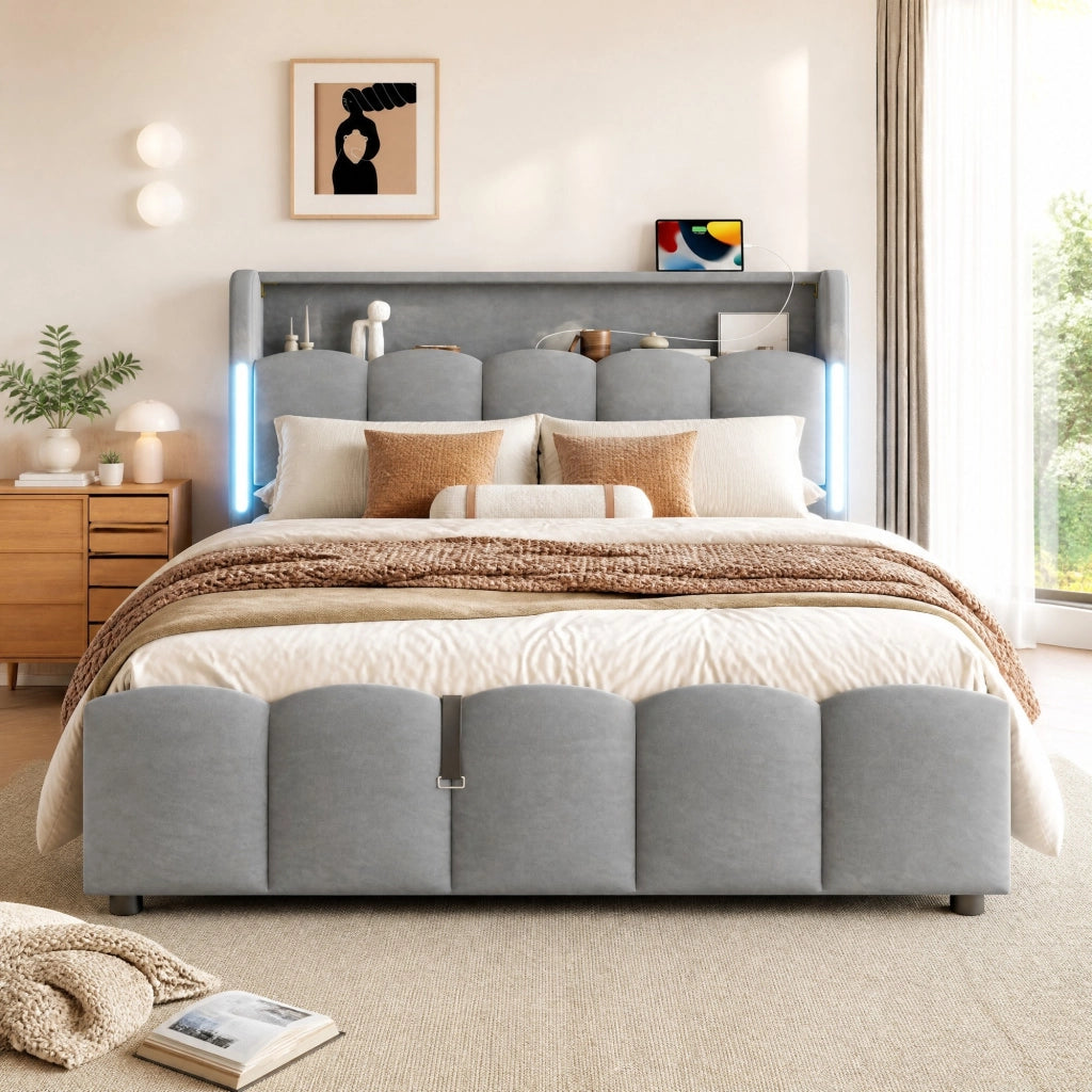 Letto matrimoniale 140x200 cm con contenitore idraulico; LED e USB-C; velluto grigio