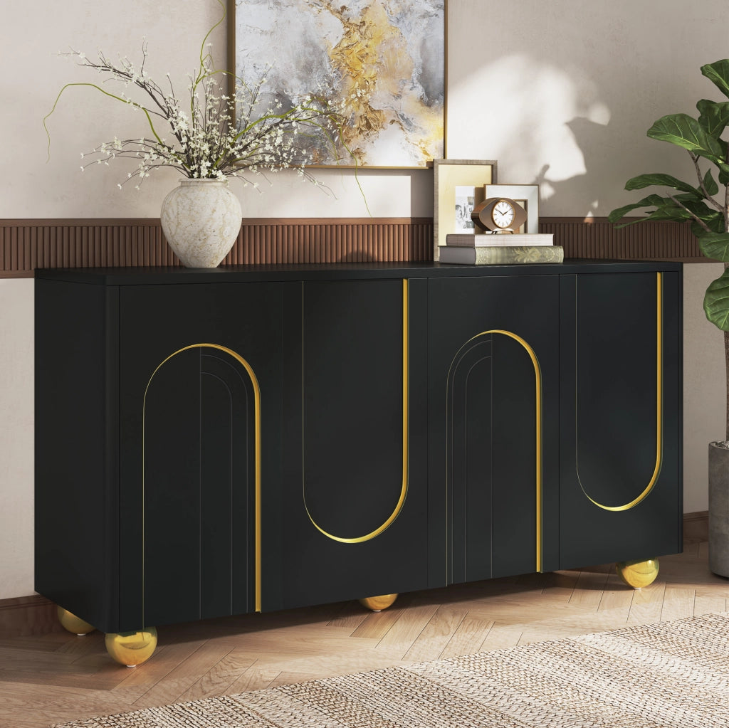 Sideboard 4 ante nero con decoro dorato, 140x40x74 cm