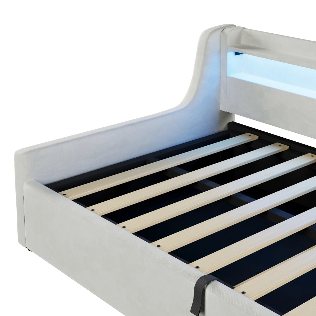 Letto singolo imbottito 90 × 200 cm con vano contenitore LED in velluto bianco sporco senza materasso