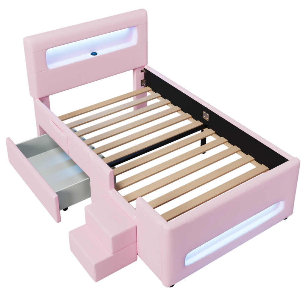Letto singolo imbottito 90 × 200 cm con scala, cassetto su ruote e LED regolabile, senza materasso, rosa in PU