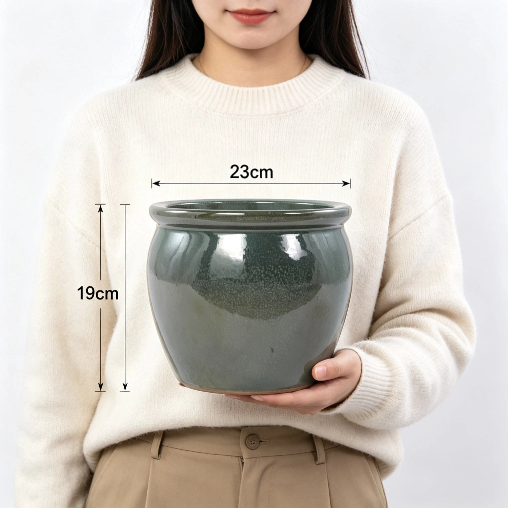 Set di 3 Vasi in Ceramica Artigianale Smaltati Blu-Verde Antico Ø 37/30/23 cm per Giardino e Balcone