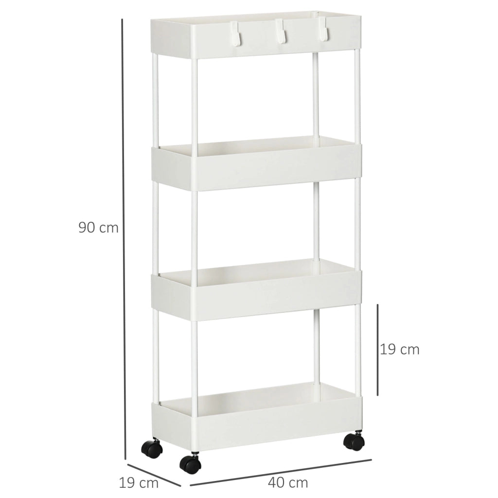 Carrello slim a 4 ripiani con ruote e freni, bianco