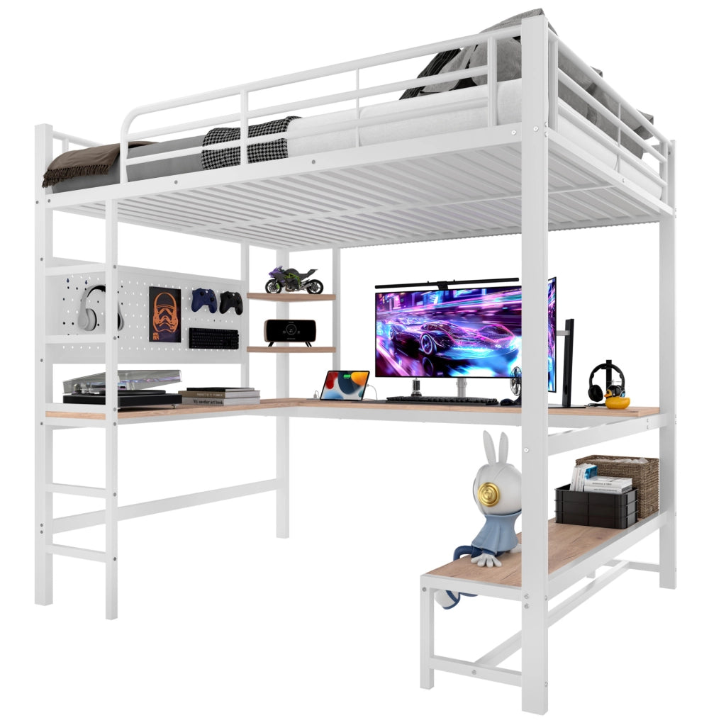 Letto a soppalco 140x200 cm con scrivania; LED; USB e Type-C in metallo e MDF; bianco