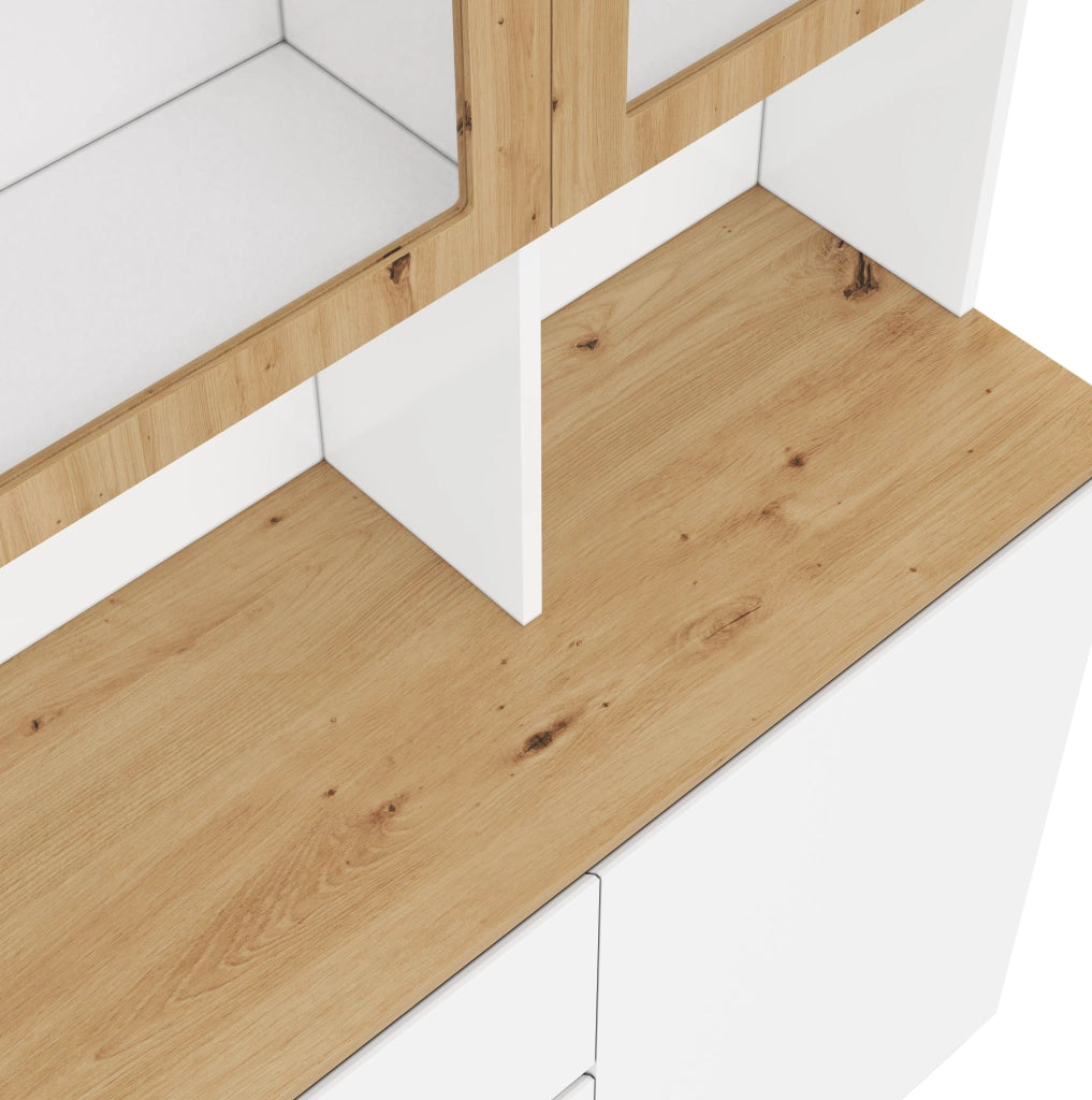 Vetrina alta multifunzione con LED, bianco e rovere