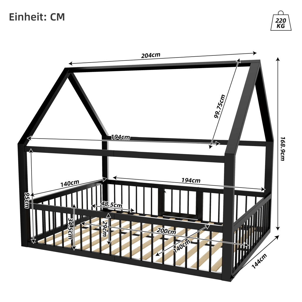 Letto a casetta 140 × 200 cm con barriera e cancelletto in metallo nero senza materasso