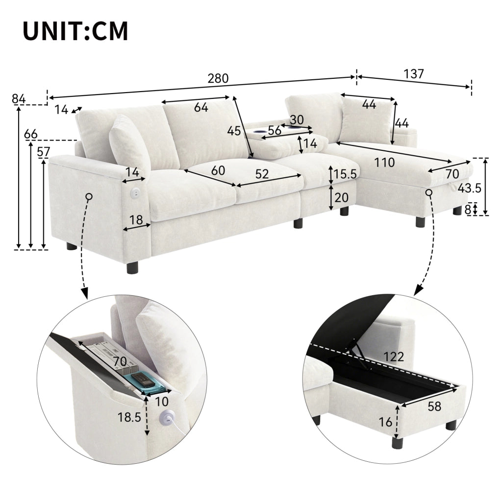 Divano letto angolare reversibile in ciniglia beige con tavolino; USB e Type-C