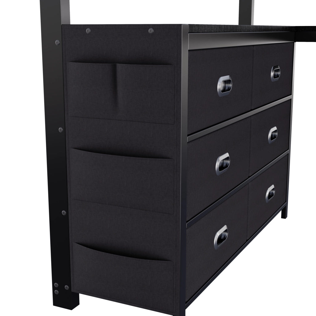Letto a castello in metallo 140x200 cm con scrivania, cassetti, ripiani e illuminazione LED, colore nero