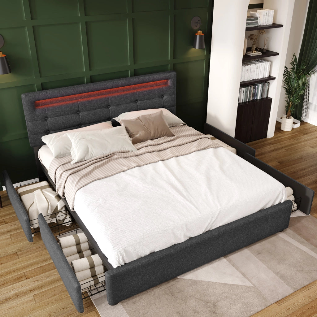 Letto matrimoniale imbottito 140x200 cm con 4 cassetti; LED; testiera regolabile e rete a doghe in legno; grigio