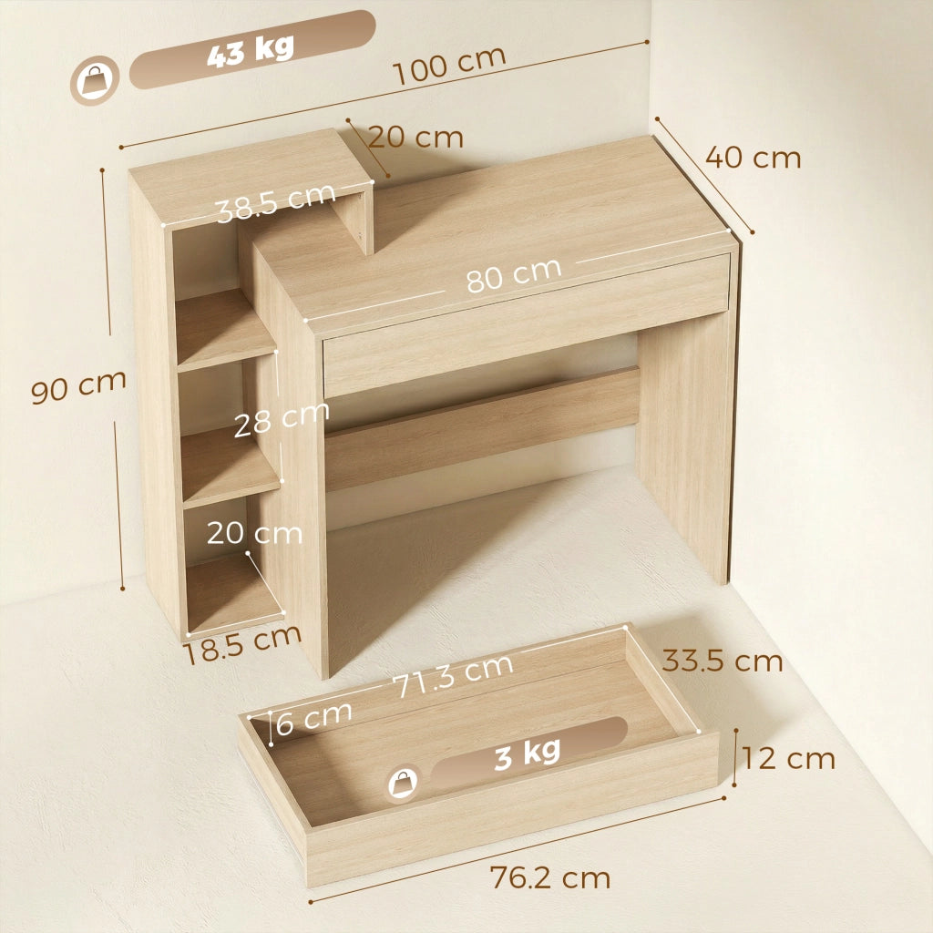 Scrivania PC Moderna con 3 Ripiani Aperti e Cassetto, in Legno, Color Legno, 100x40x90 cm