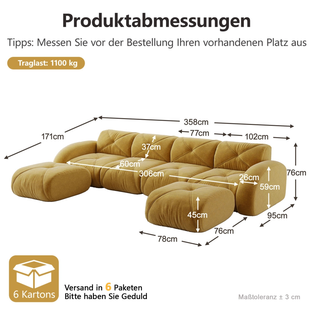 Divano modulare 4 posti 358x171x76 cm in ciniglia gialla con 2 pouf