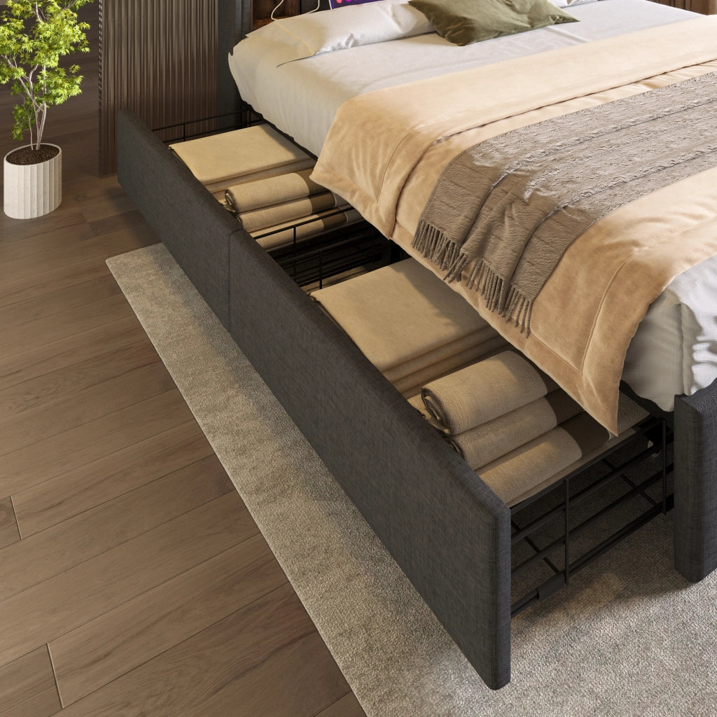 Letto imbottito 160x200 cm con ricarica wireless, USB, USB-C e 4 cassetti in lino grigio