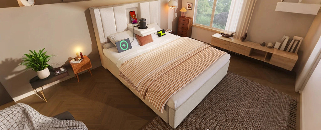 Letto imbottito singolo 90x200 cm beige con portabicchiere nascosto e stazione di ricarica, letto idraulico con contenitore sottostante, con rete a doghe, senza materasso