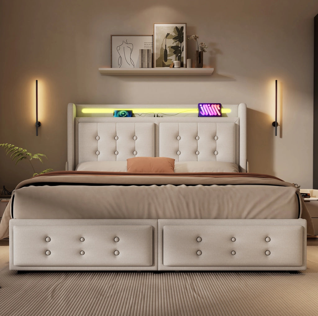 Letto matrimoniale 140x200 cm in cotone beige con LED, USB-C e 4 cassetti