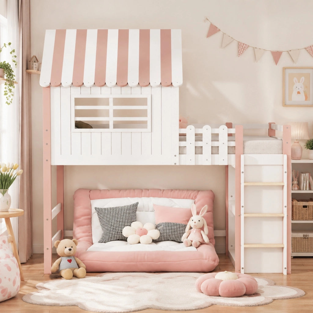 Letto a soppalco per bambini 90 × 200 cm con tetto scala di sicurezza rete a doghe in legno rosa