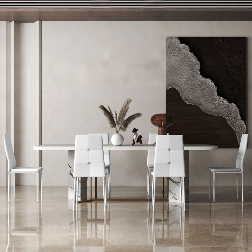 Set di 6 Sedie da Pranzo Imbottite ¨C Minimal ¨C Schienale Alto con Bottoni, Patte in Metallo, Colore Bianco