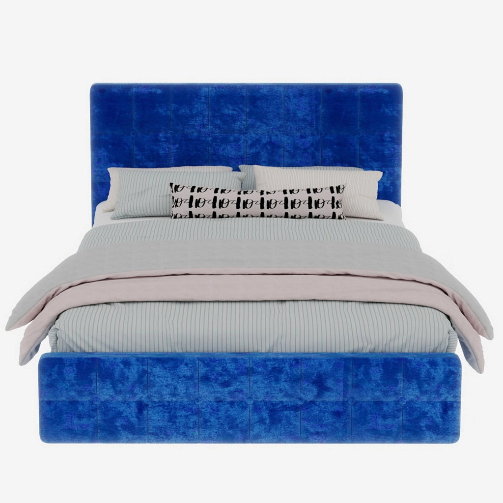 Letto imbottito matrimoniale 140×200 cm con testiera trapuntata, senza materasso, tessuto in velluto blu