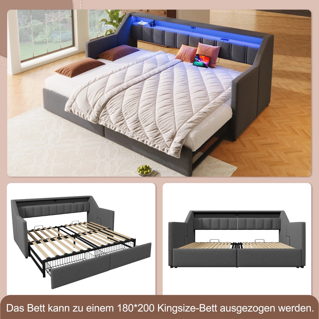 Letto Estraibile 90 x 200 cm; USB e Type-C; LED; 2 Cassetti e Tasche; Grigio