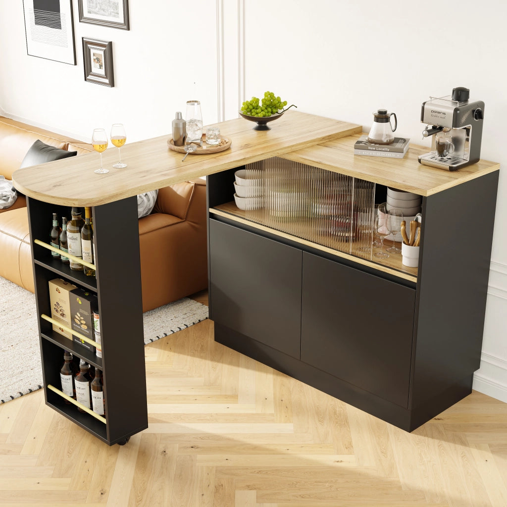 Mobile bar girevole a 360 gradi con porta scorrevole in vetro ripiani cassetti e vani chiusi in MDF nero