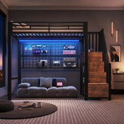 Letto a soppalco 90x200 cm in metallo e MDF nero con appendiabiti e LED