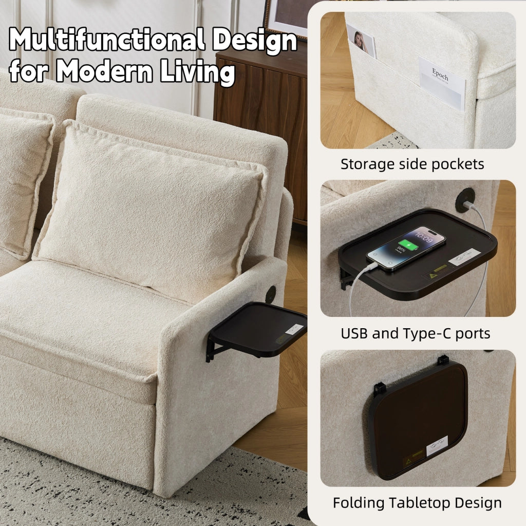 Divano letto 3 posti con schienale regolabile 5 posizioni, tasche laterali e USB, in ciniglia, beige