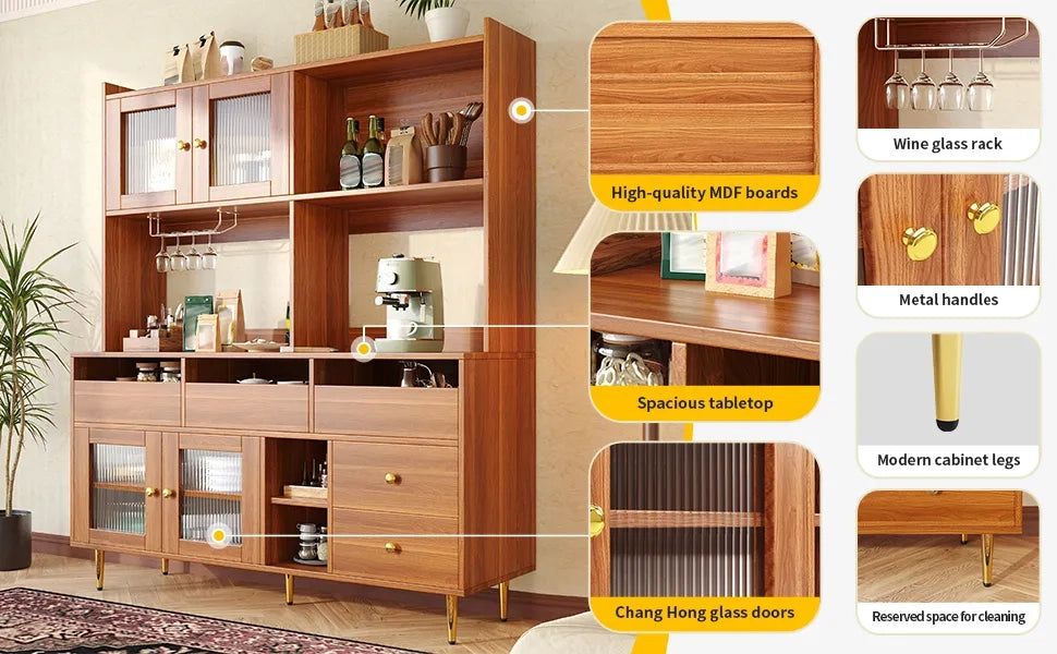 Vetrina alta ristorante 145x39x171 cm, design moderno con porta vetro Changhong, ripiano bicchieri vino, ampio spazio contenitivo, struttura legno e decori oro