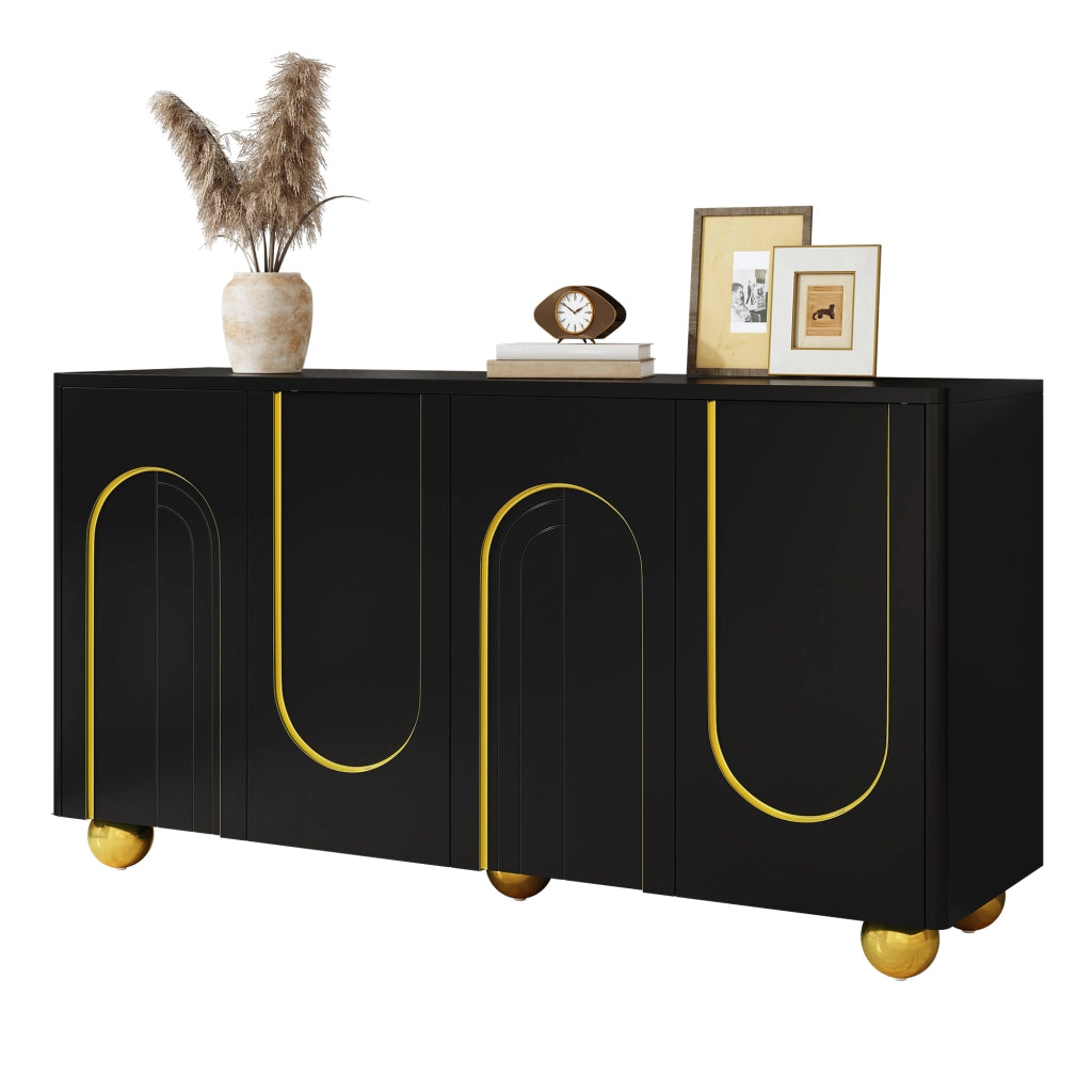 Credenza e madia 4 ante con ripiani e decoro ad arco dorato, per soggiorno e sala da pranzo, nera, 140 × 40 × 74 cm