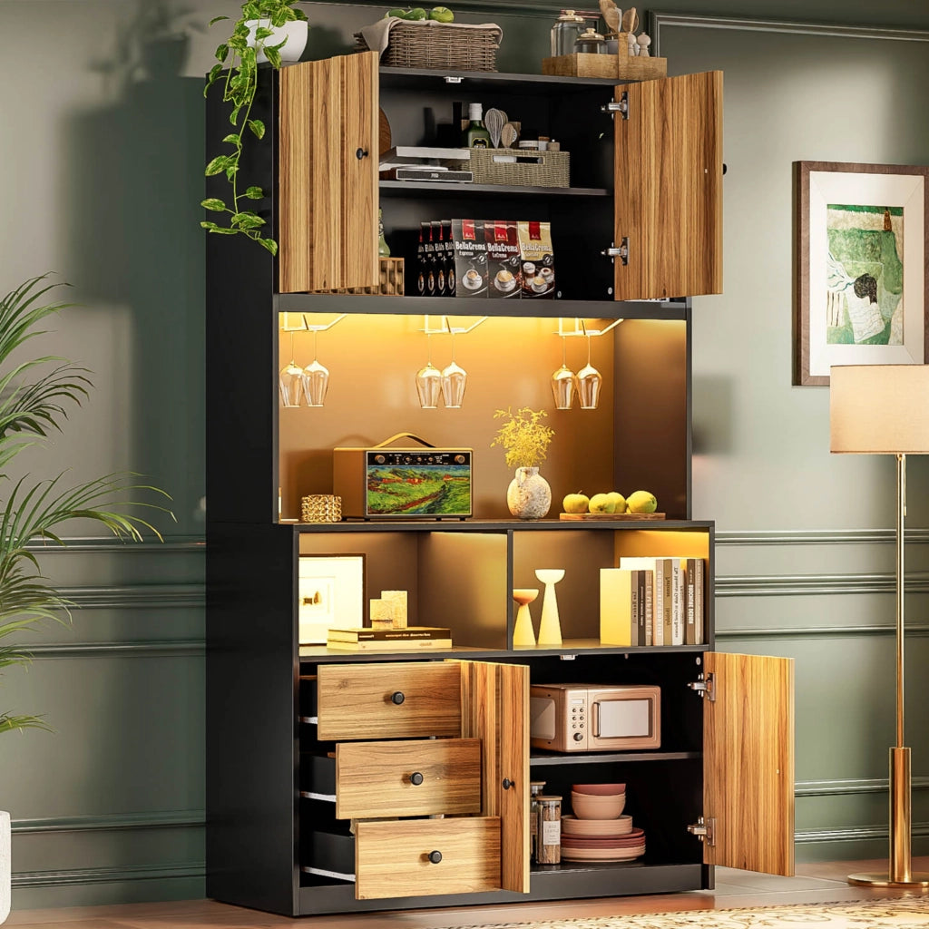 Credenza da cucina alta con LED, prese e portabicchieri, per cucina e bar, MDF nero naturale, 100 × 40 × 180 cm