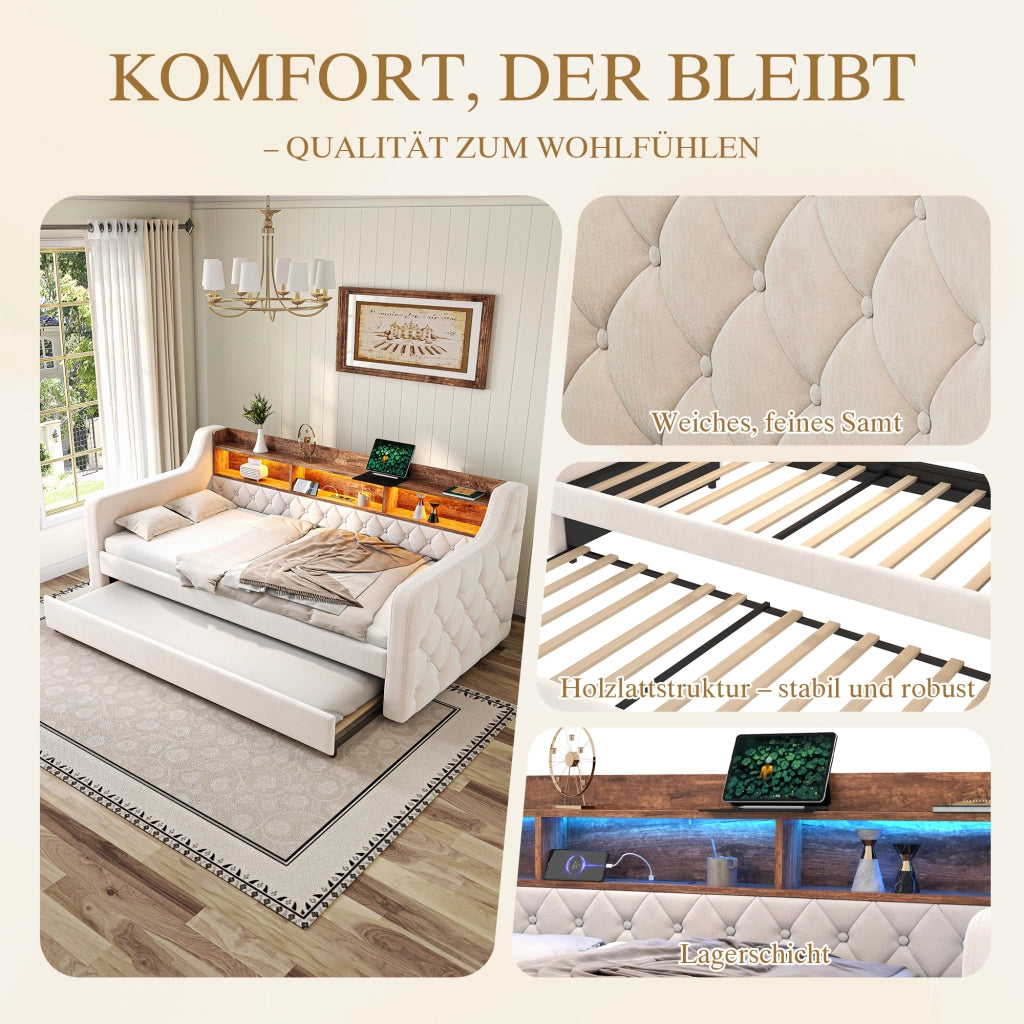 Divano letto 90 × 190 cm trasformabile in letto matrimoniale con ripiano LED USB-C in velluto beige