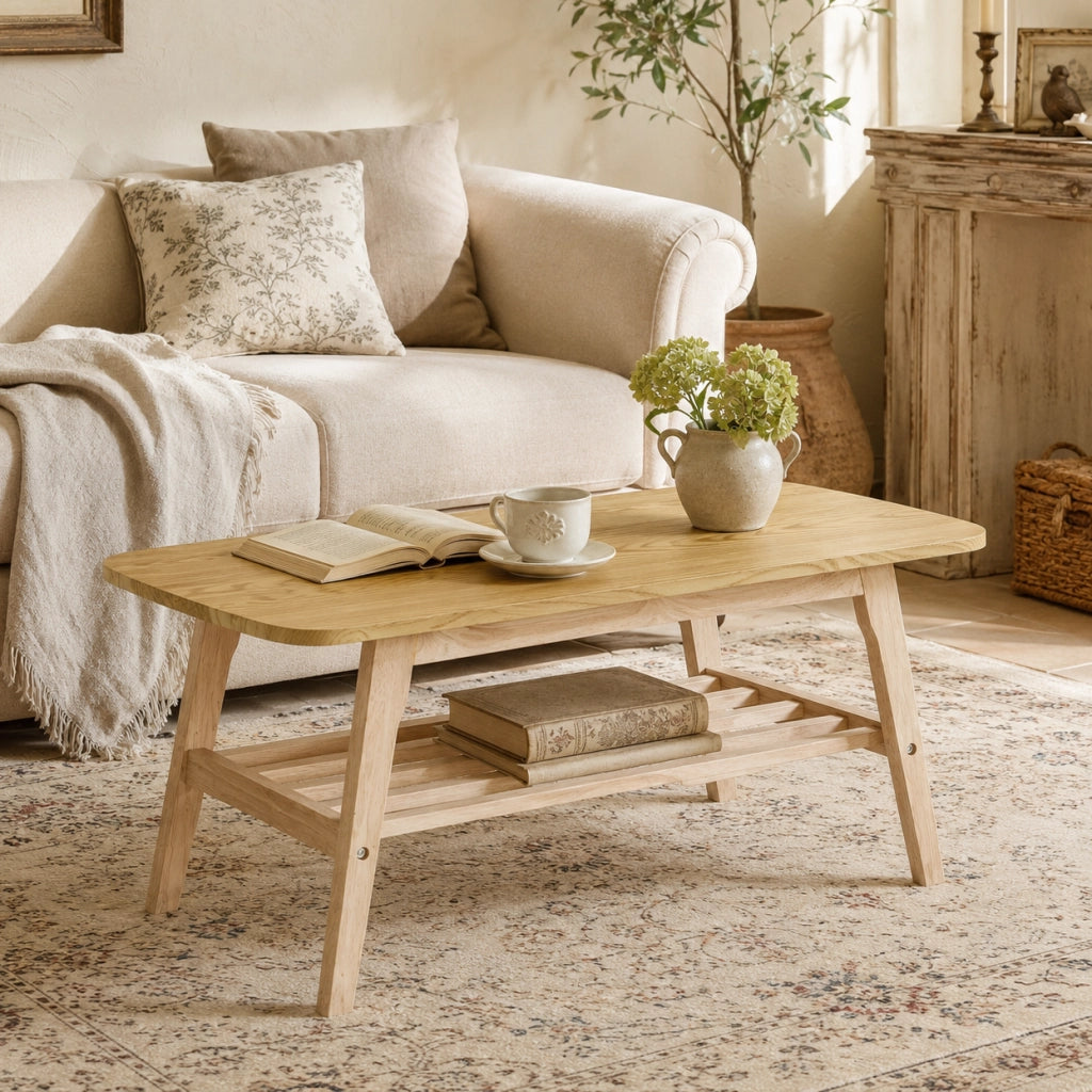Tavolino da caff¨¨ 110x58x19 cm a due ripiani con base in legno massello colore legno