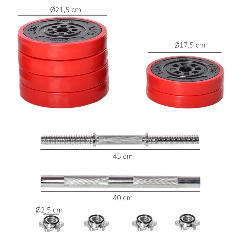 Set manubri e bilanciere ULEVR 30 kg 2 in 1 con dischi e manici imbottiti, rosso e nero