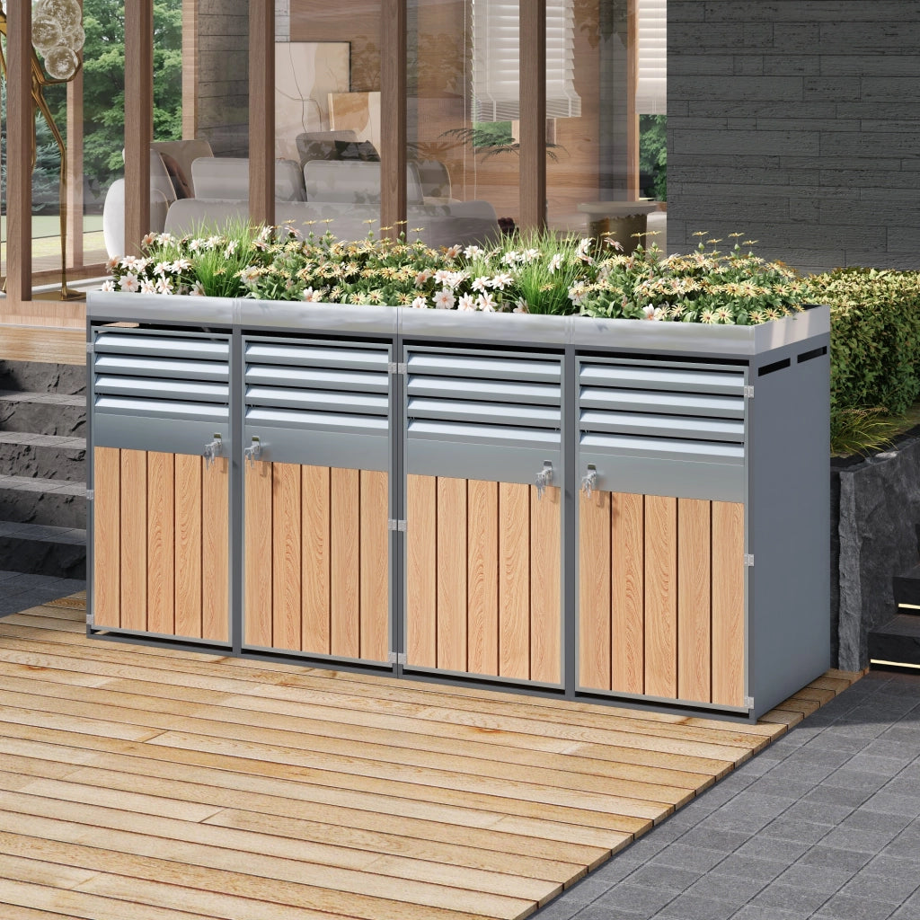 Armadio portabidoni a quattro vani con fioriera integrata porte con serratura in acciaio zincato grigio effetto legno