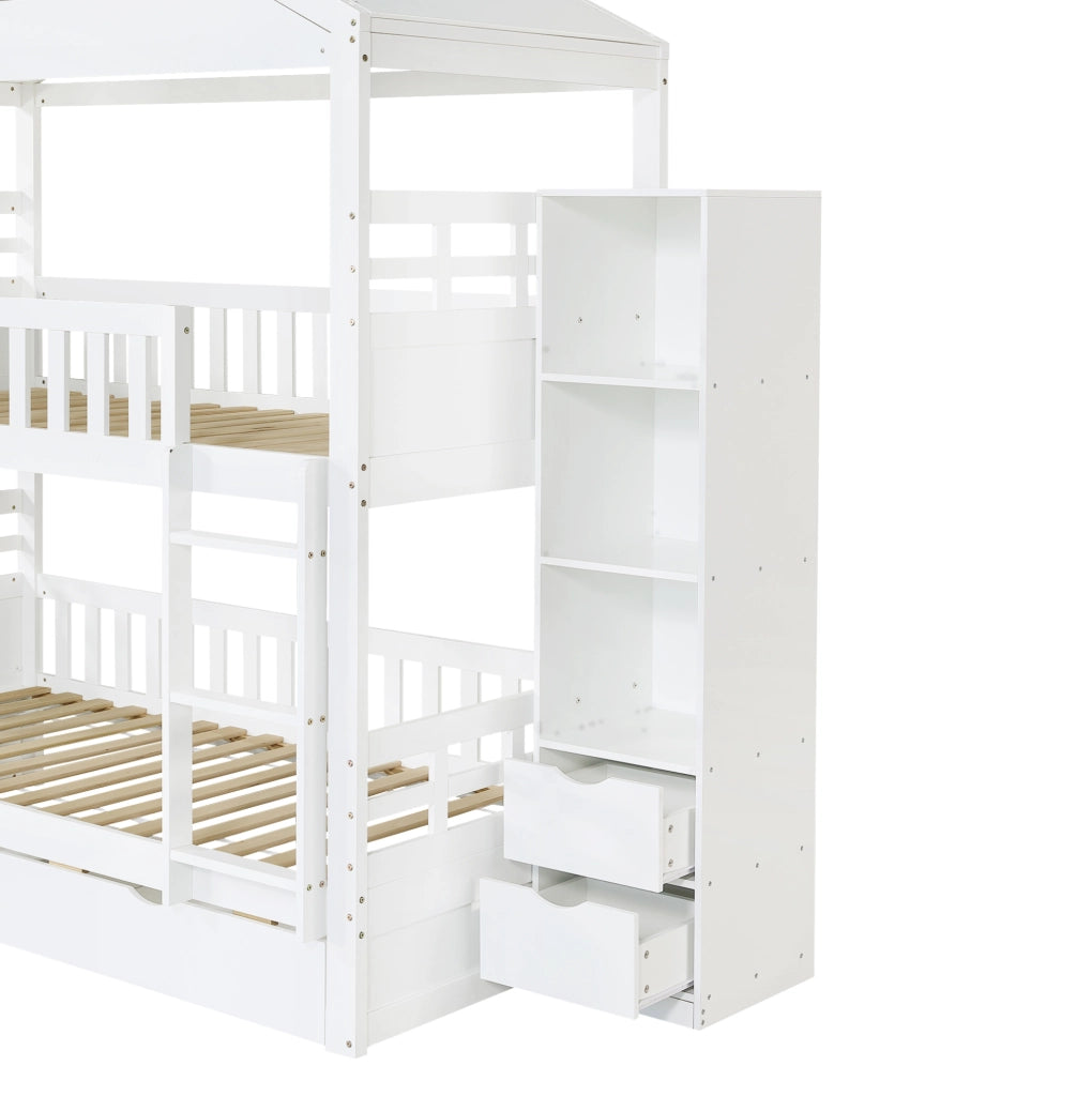 Letto a castello ULEVR 90x200 cm a forma di casa con scala, 2 cassetti e vano laterale, bianco
