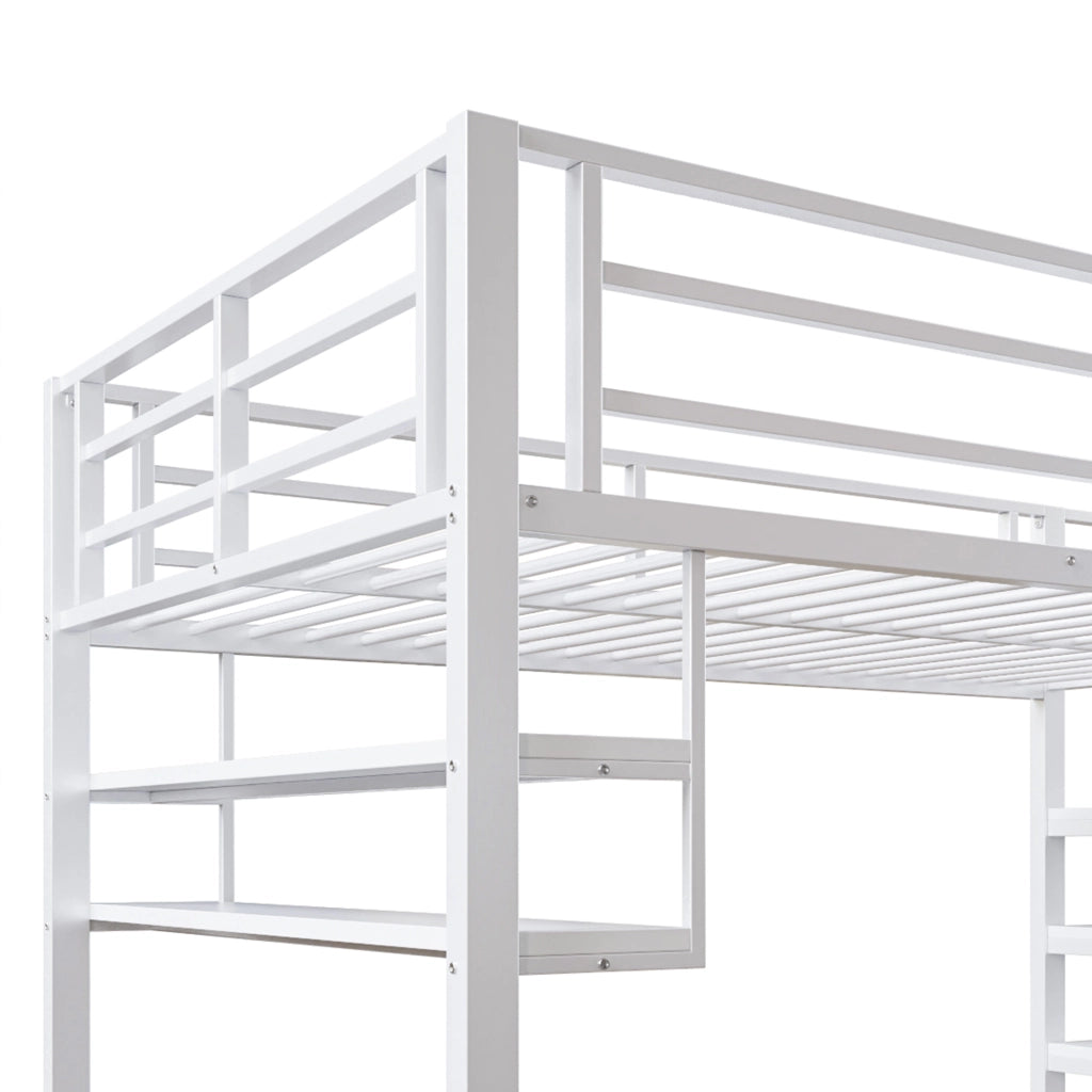 Letto a soppalco per bambini 140 × 200 cm 1 posto con mensole; scala contenitore e spazio gioco; senza materasso; bianco