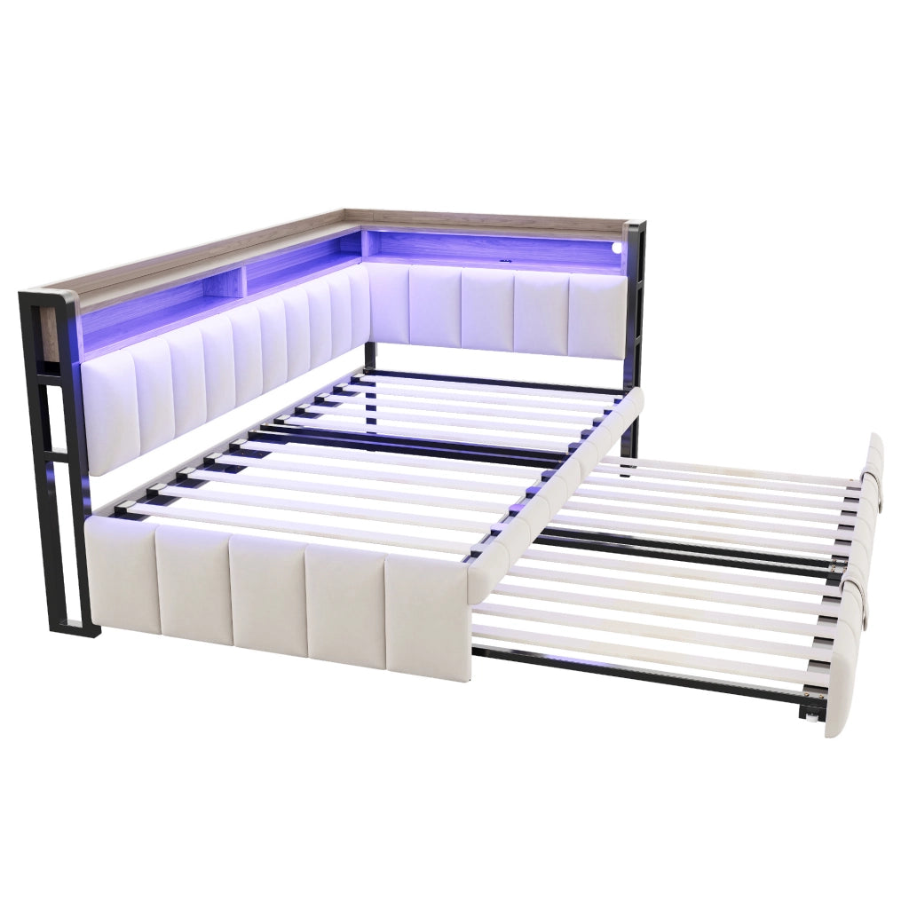 Divano letto estraibile 90x200 cm con LED, USB e USB-C in velluto beige