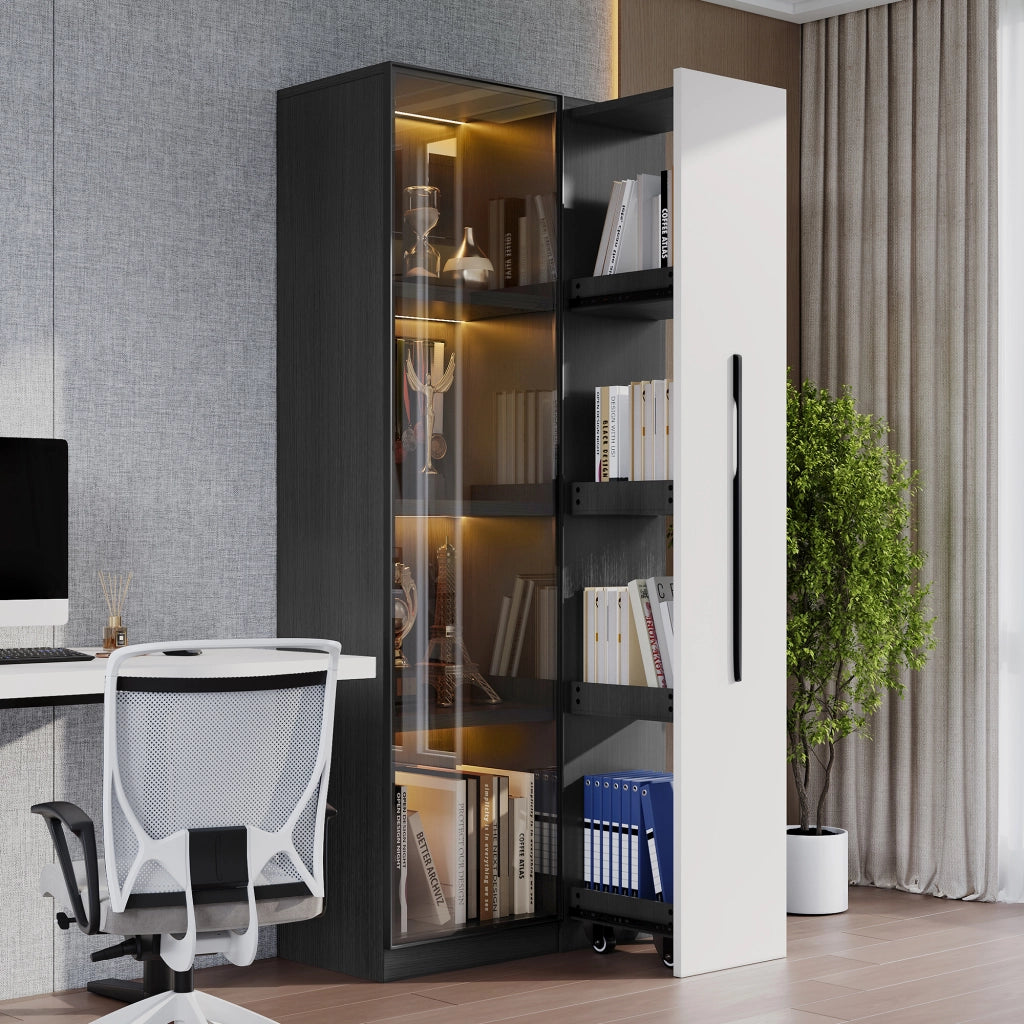 Vetrina con LED, anta in vetro e cassetto estraibile laterale per soggiorno e cucina, MDF nero e bianco, 70 × 40 × 160 cm