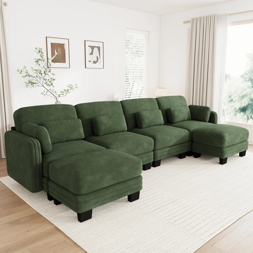 Divano modulare a U con 2 ottomani in ciniglia verde; 330x143x88 cm