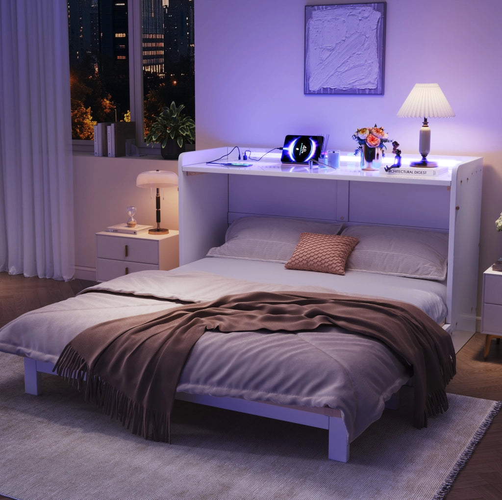 Letto a scomparsa bianco 140x200 cm con cassetti, LED, USB e presa, piano in laccato lucido, trasformabile