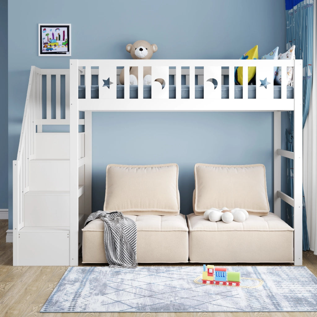 Letto a soppalco per bambini 90 × 200 cm con scala e ripiani in legno bianco con barriera di sicurezza