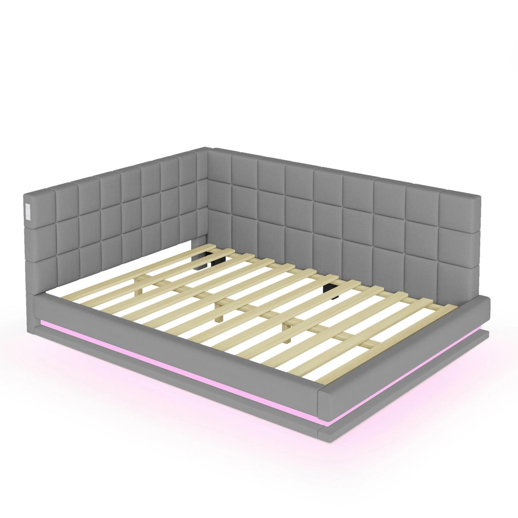 Letto imbottito matrimoniale 160×200 cm con LED; USB e rete; senza materasso; in lino; grigio