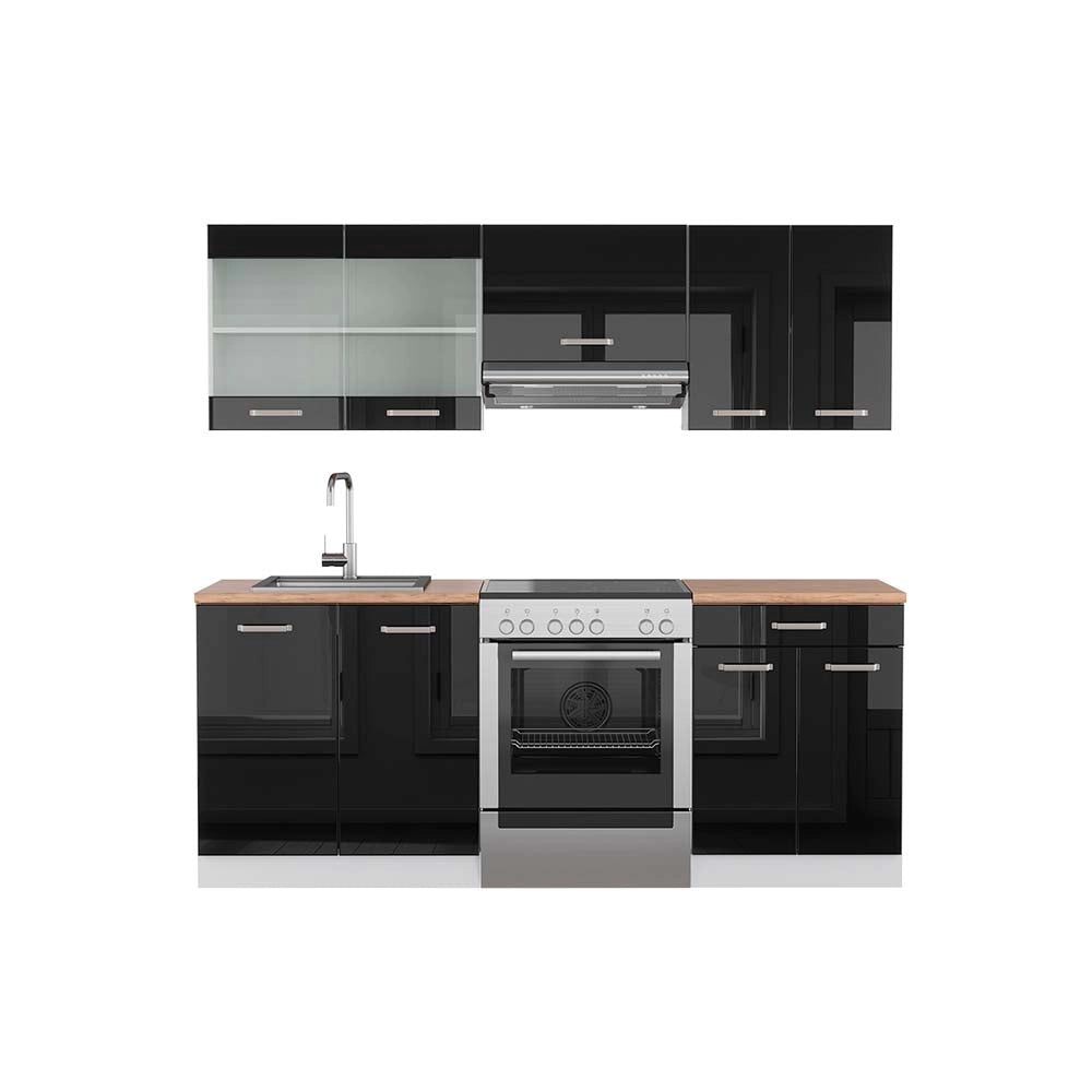 Vicco Cucina componibile Nero lucido/bianco 200 cm , PL Rovere