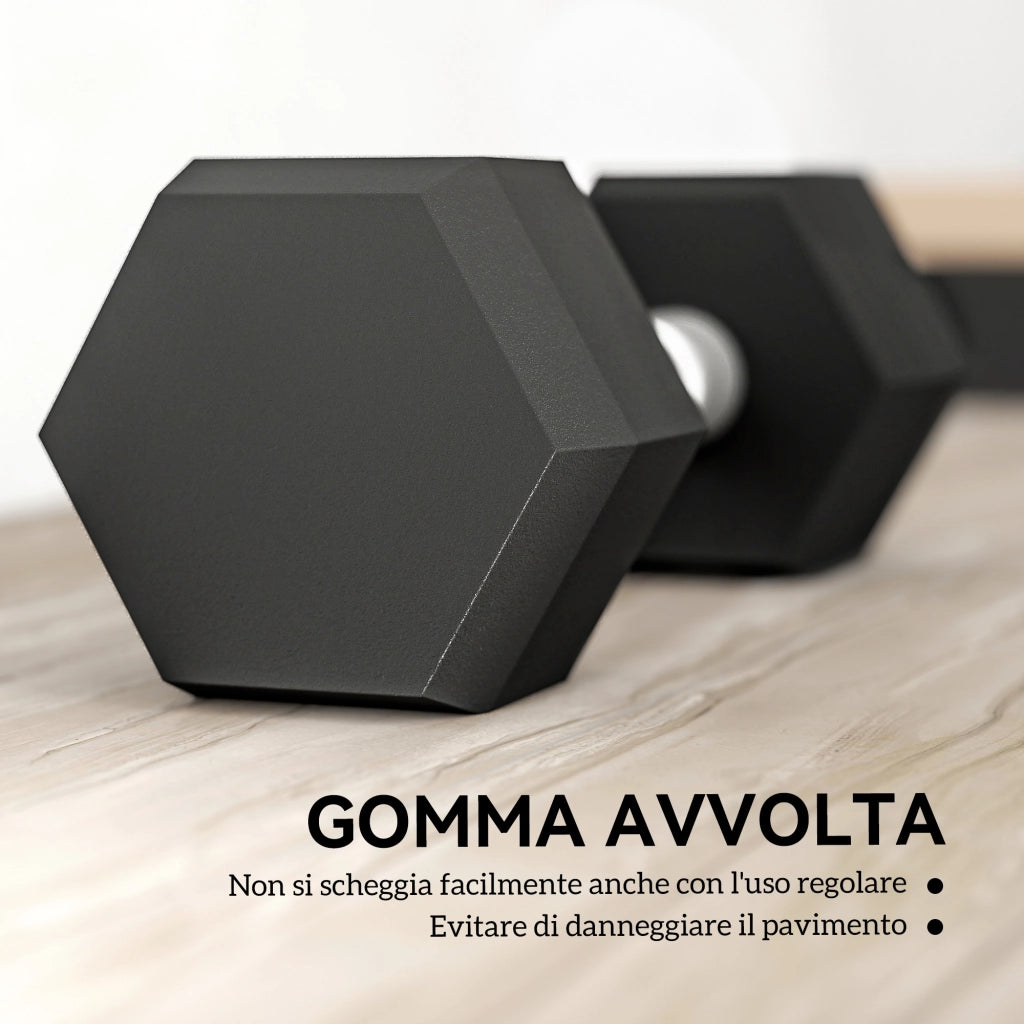 Set di 2 Manubri da 6 kg Esagonali con Presa Antiscivolo e Rivestimento in Gomma. Nero
