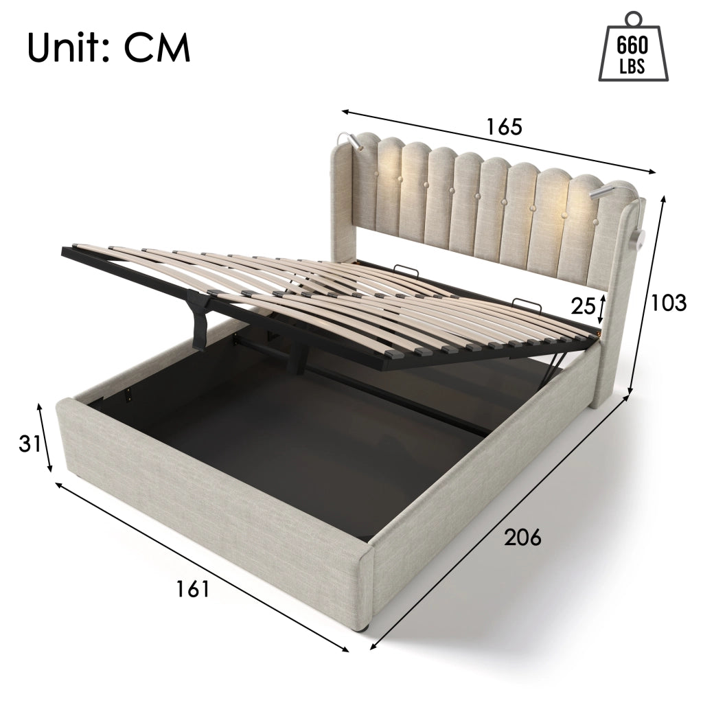 Letto contenitore 160 × 200 cm con testiera imbottita luce da lettura USB rivestito in lino naturale